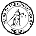 A black and white circular graphic of the logo of the Clerk of the Circuit Court Indiana